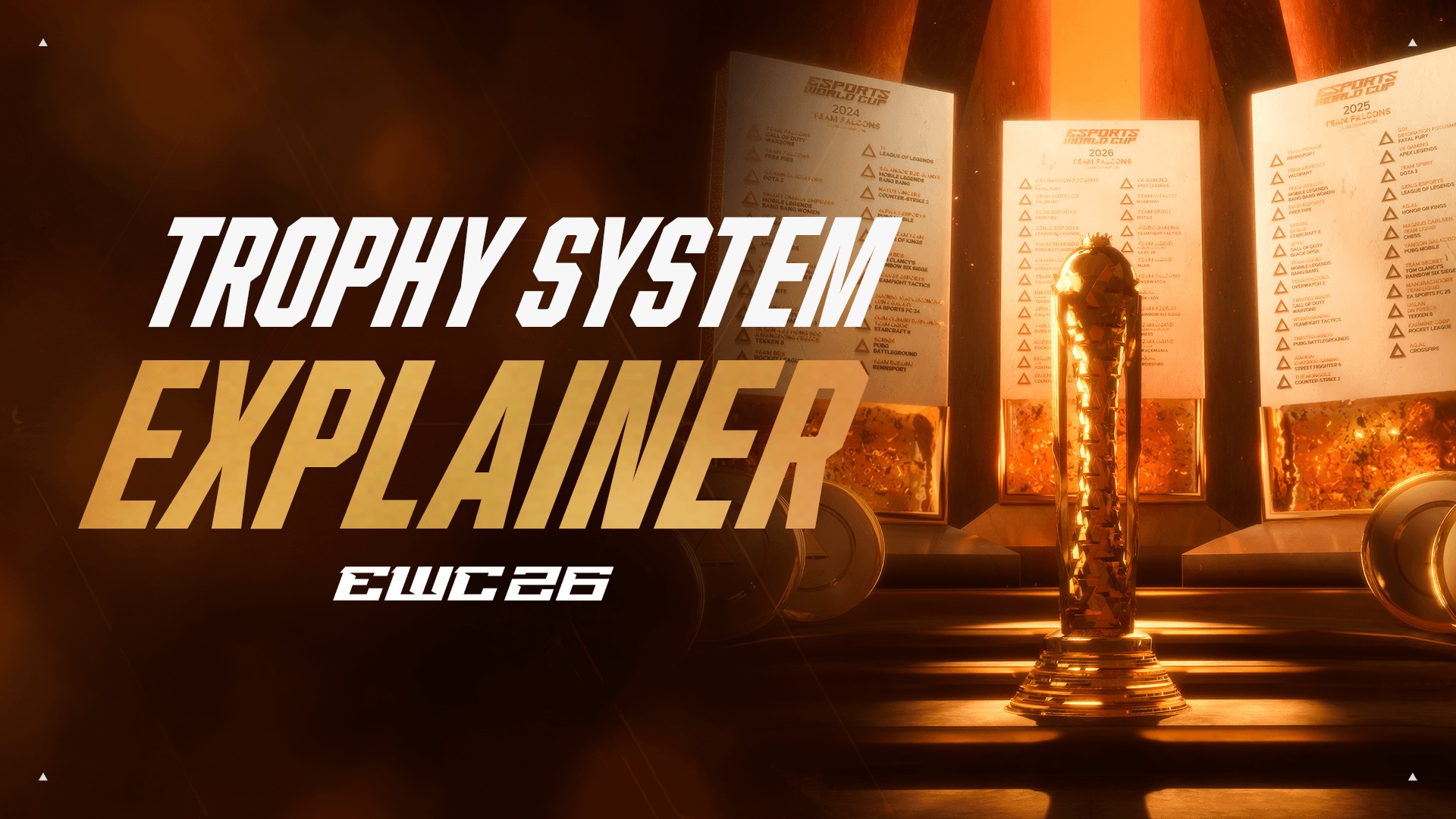 Official EWC 26 Trophy System key art with the golden Esports World Cup trophy