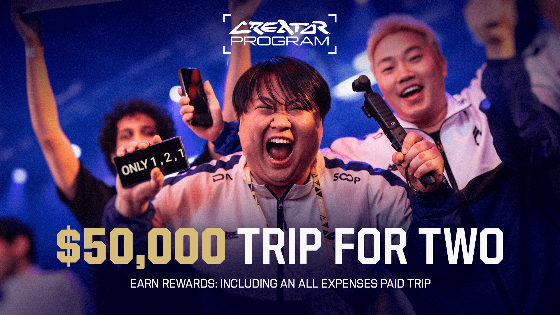 Official Creator Program key art: $50,000 trip for two, the program's top prize