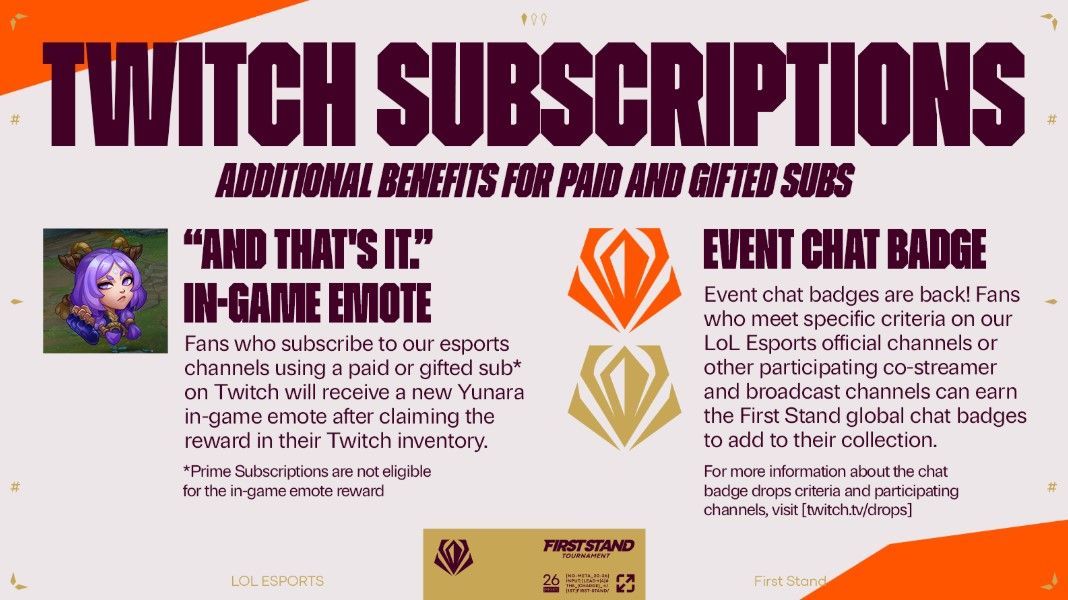 First Stand 2026 Twitch subscription perks graphic