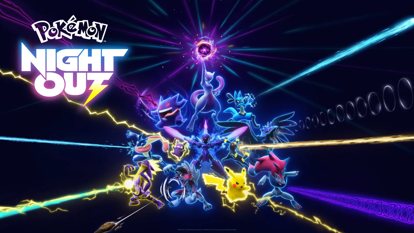 Pokémon Night Out header key art: Pikachu, Gengar, Mewtwo and others with neon energy bolts