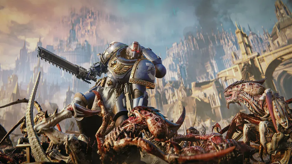 Wide Space Marine 2 key art (Steam library hero banner) showing Lieutenant Titus